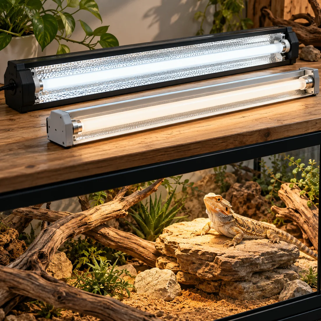 Two linear reptile UVB fixtures above a basking habitat