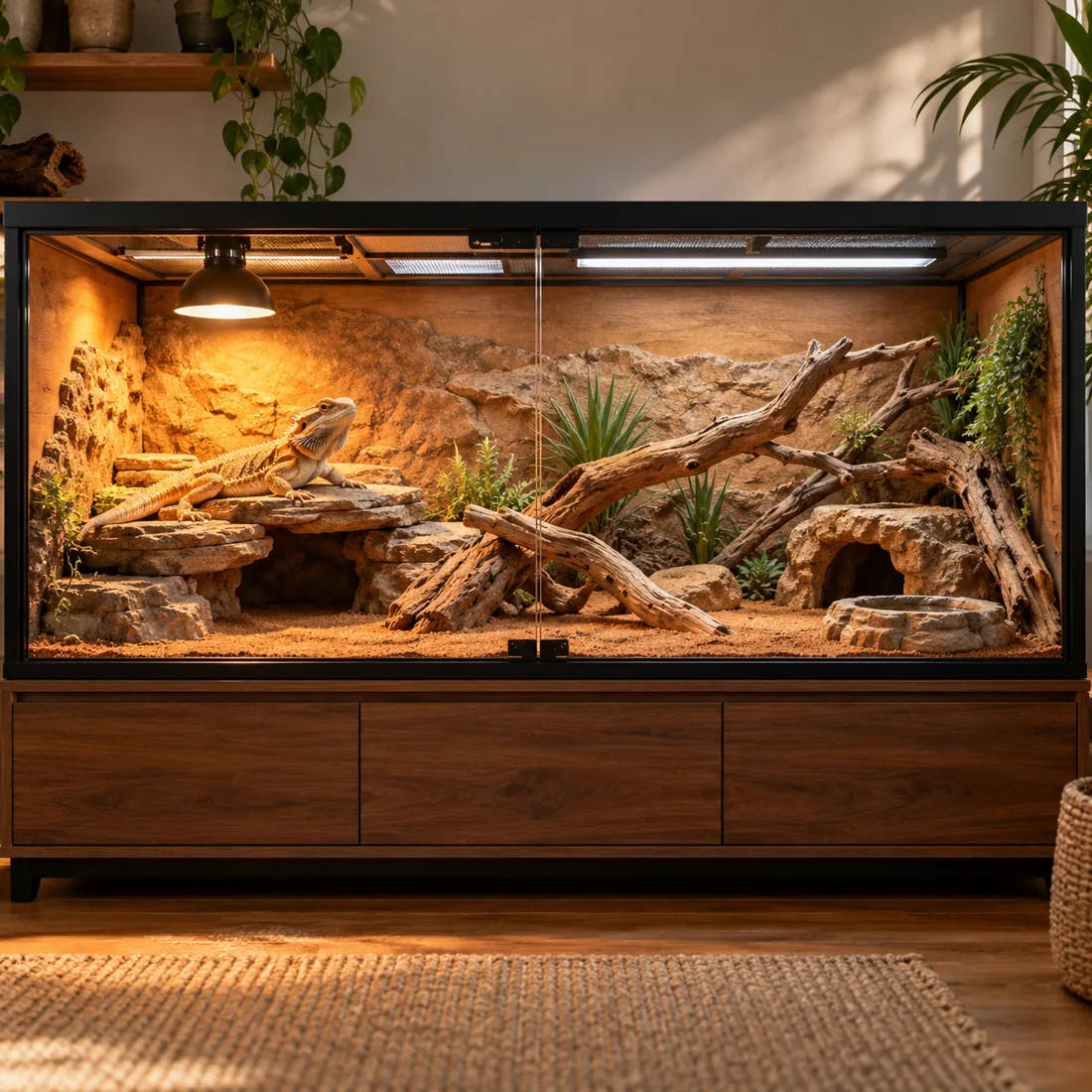 Spacious front-opening bearded dragon enclosure with basking rock and climbing wood