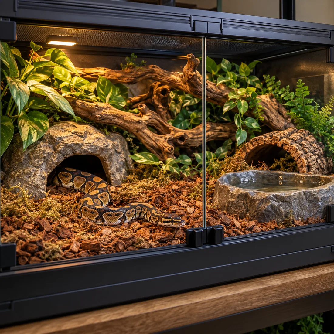 Ball python in a secure naturalistic front-opening enclosure
